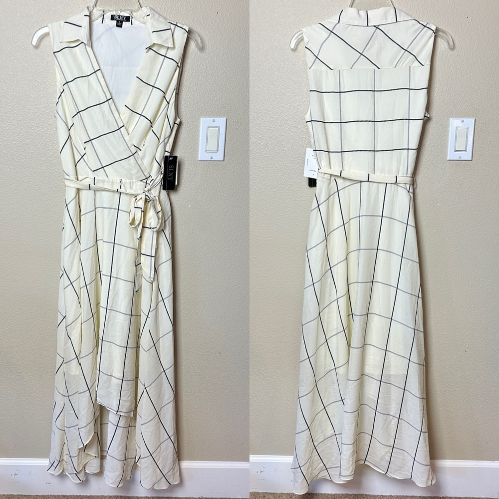 SLYN White Windowpane Plaid Lined Wrap Midi Dress NWT Size 8